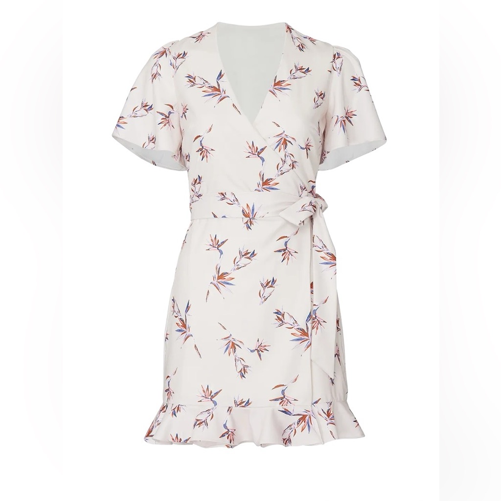 Stylestalker "Penny" Beige/Blue/Rust Floral Ruffle Trim Mini Wrap Dress - Medium